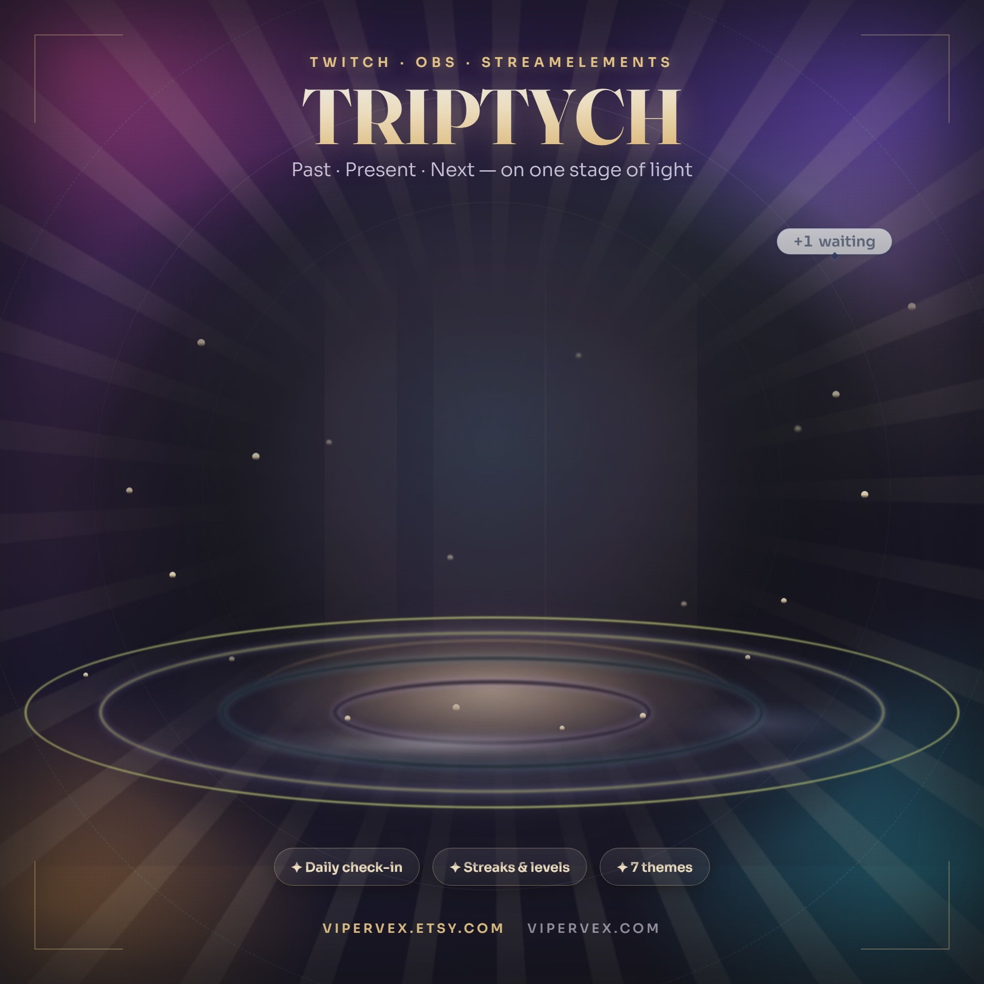 TRIPTYCH demo: viewers check in from chat and rotate through the lit centre card with their streak and level