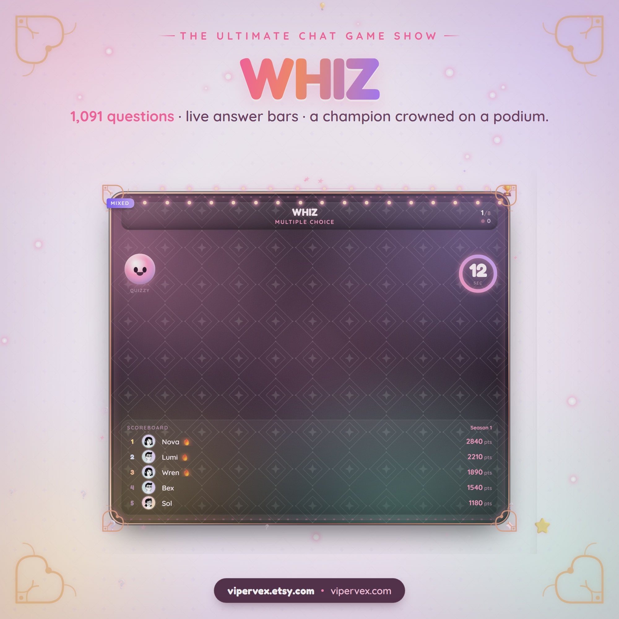 WHIZ chat quiz widget in action: a question airs, chat votes fill the answer bars, the correct answer lights up and the fastest viewer is spotlighted