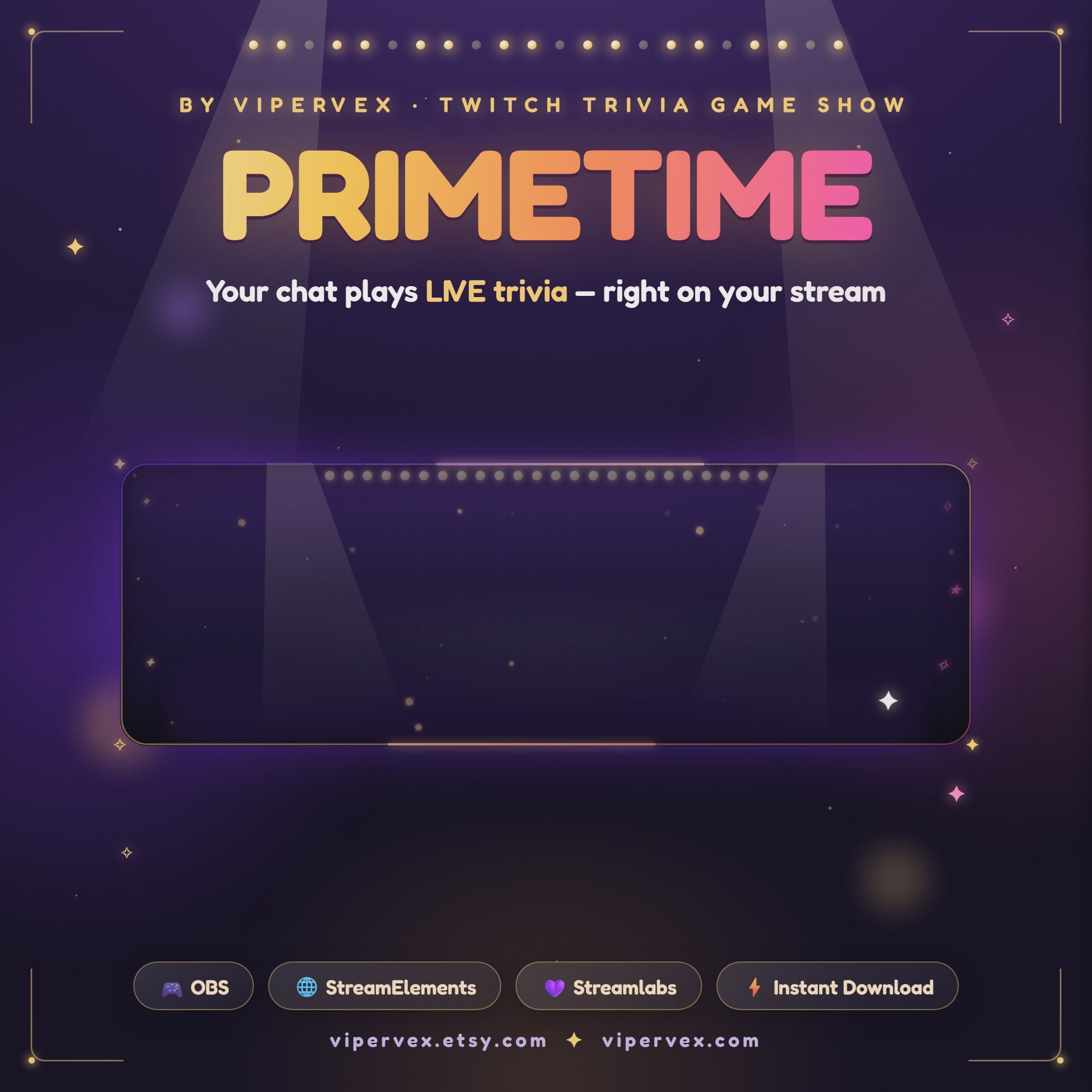 PRIMETIME demo: a question opens on the lit stage, chat answers, and the winner is crowned on the podium
