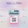 Social Sticker Printer demo: the printer feeds out a social sticker with a live QR code and a foil sheen