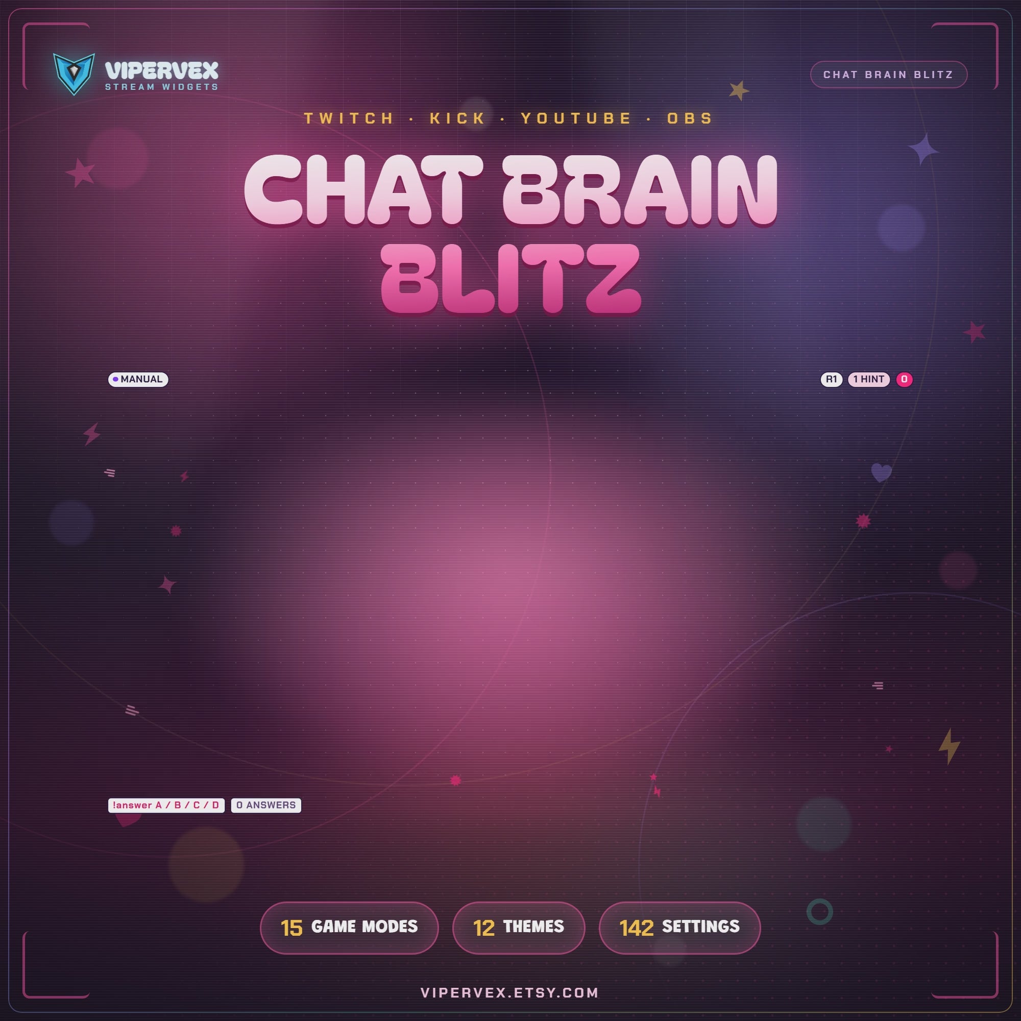 Product video: a quiz round starts, chat types answers, and the score and streak resolve on screen