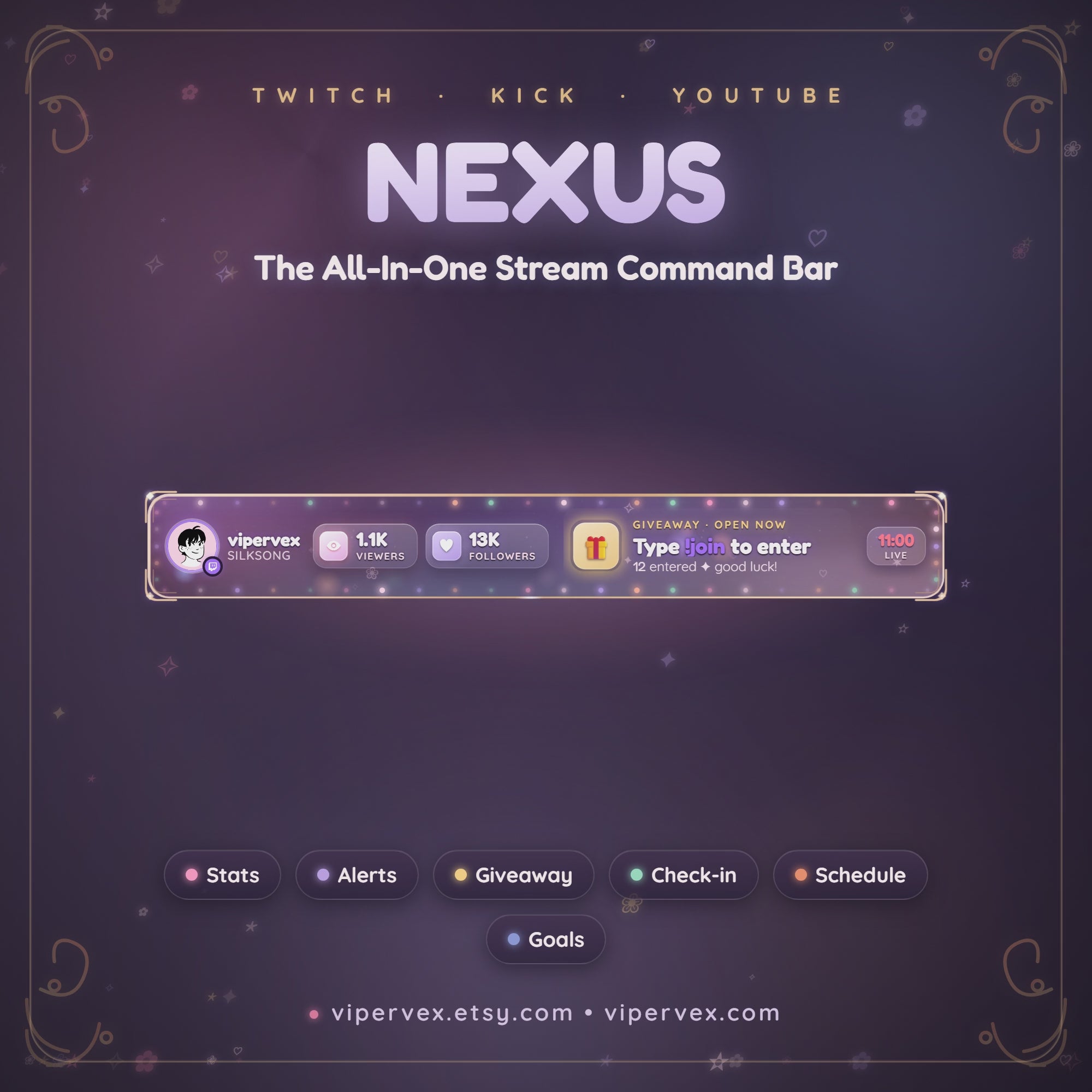 NEXUS demo: the command bar cycles stats, goals and events, then runs a giveaway draw