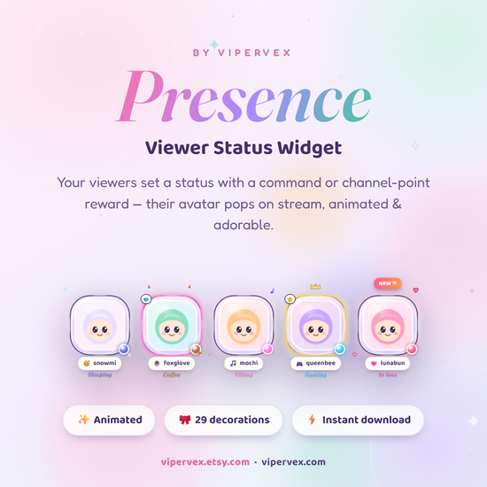 Viewer status widget showing viewer avatars in decorated frames with colour coded status dots