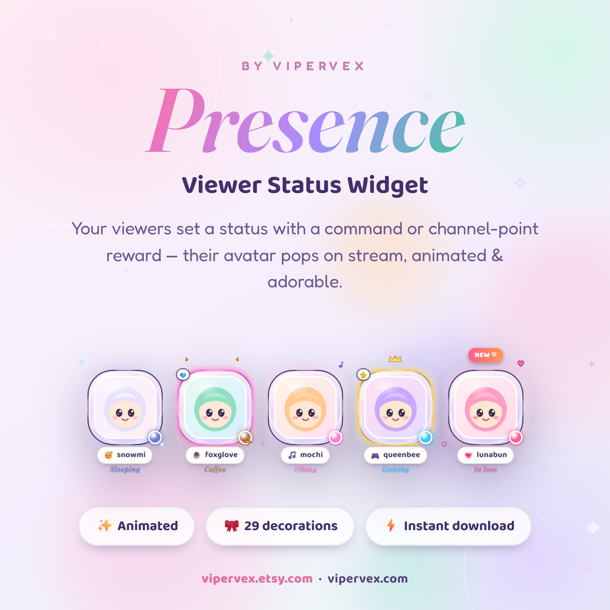 Viewer status widget showing viewer avatars in decorated frames with colour coded status dots