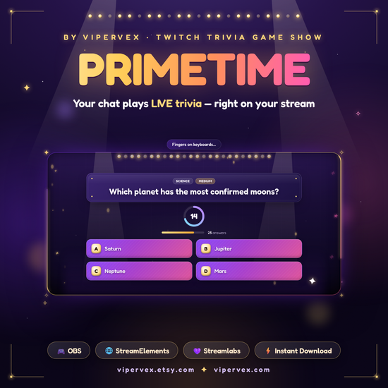 Trivia game show widget with a lit stage, curtain, podium and question tiles