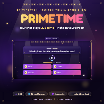 Trivia game show widget with a lit stage, curtain, podium and question tiles