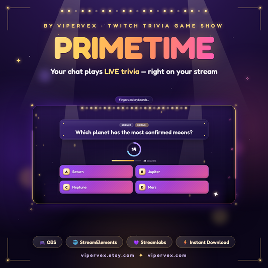 Trivia game show widget with a lit stage, curtain, podium and question tiles