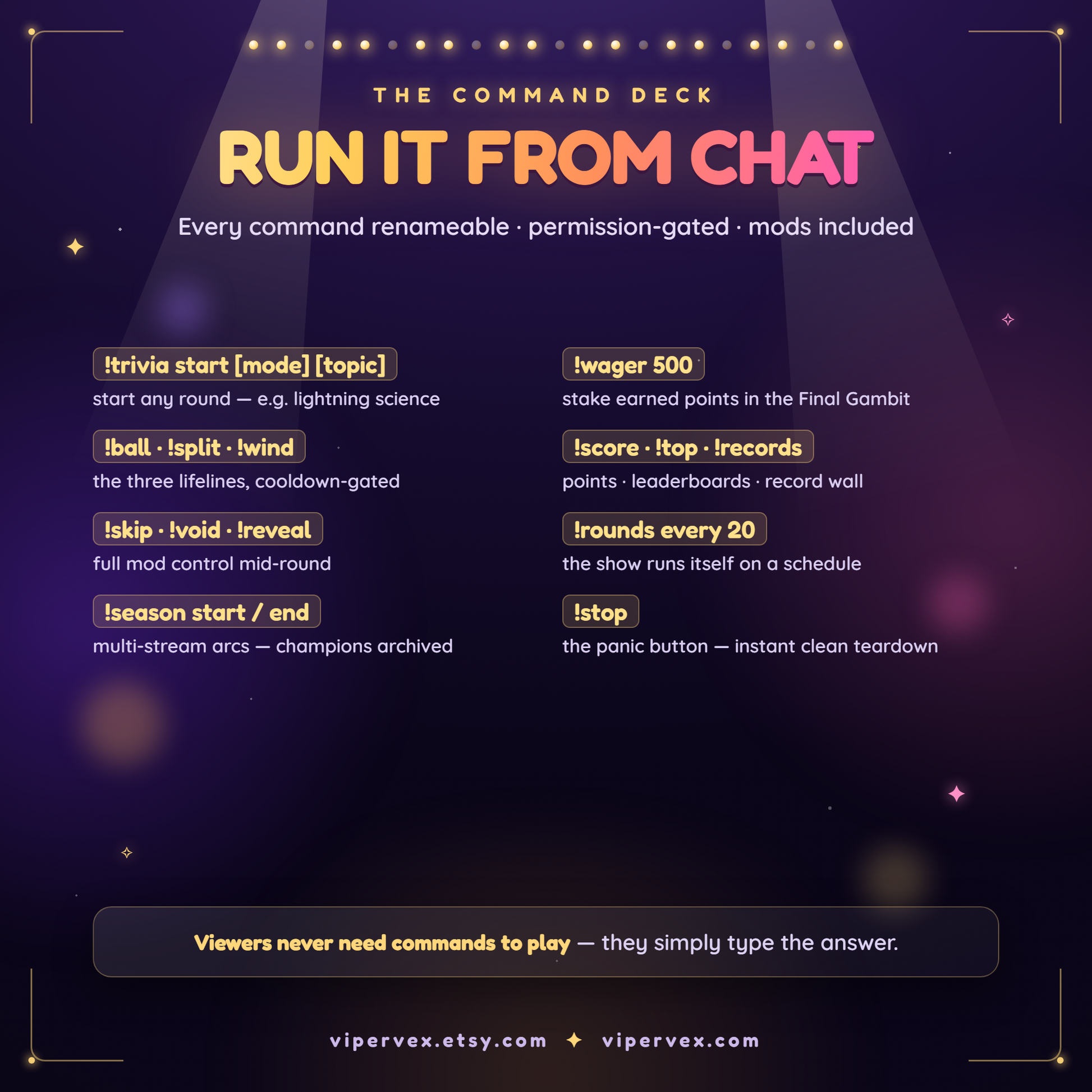 The renameable chat commands for starting rounds, hints, wagers and lifelines