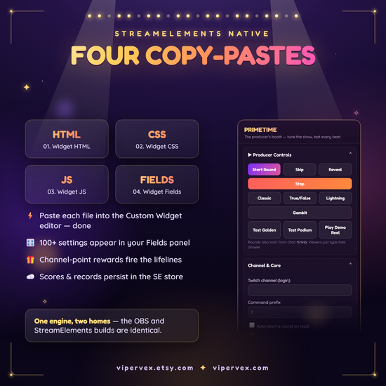 Installing the quiz widget in StreamElements with four copy and pastes