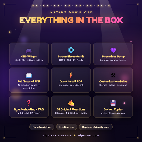 Everything included: widget files, guides, question packs, audio and fonts