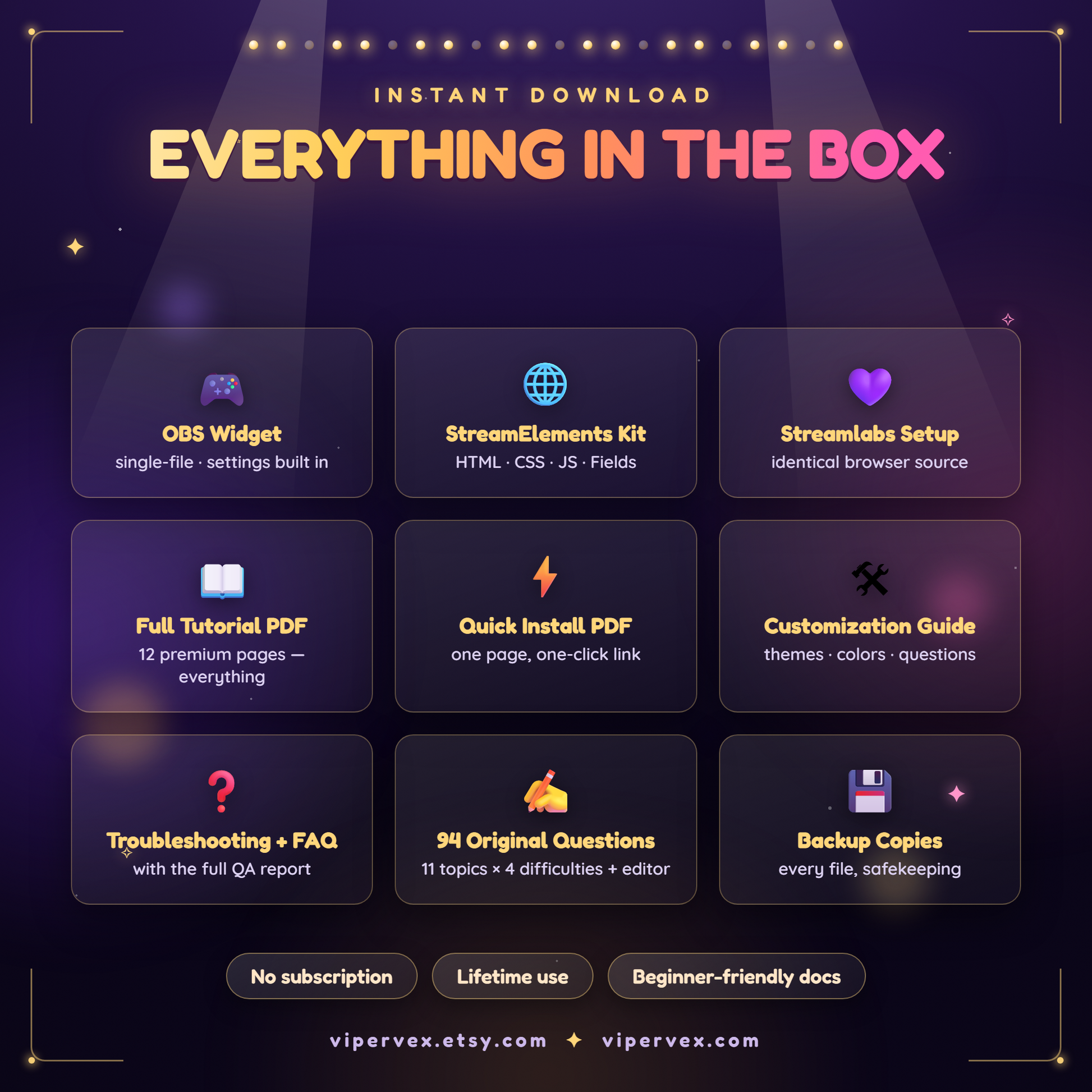 Everything included: widget files, guides, question packs, audio and fonts