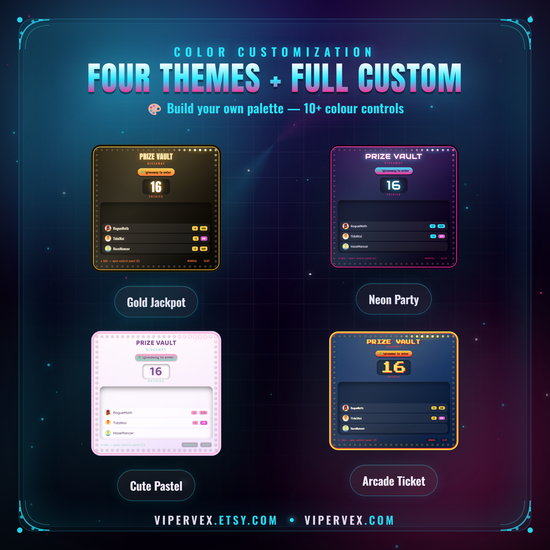 Five theme moods: Gold Jackpot, Neon Party, Cute Pastel, Arcade Ticket and custom