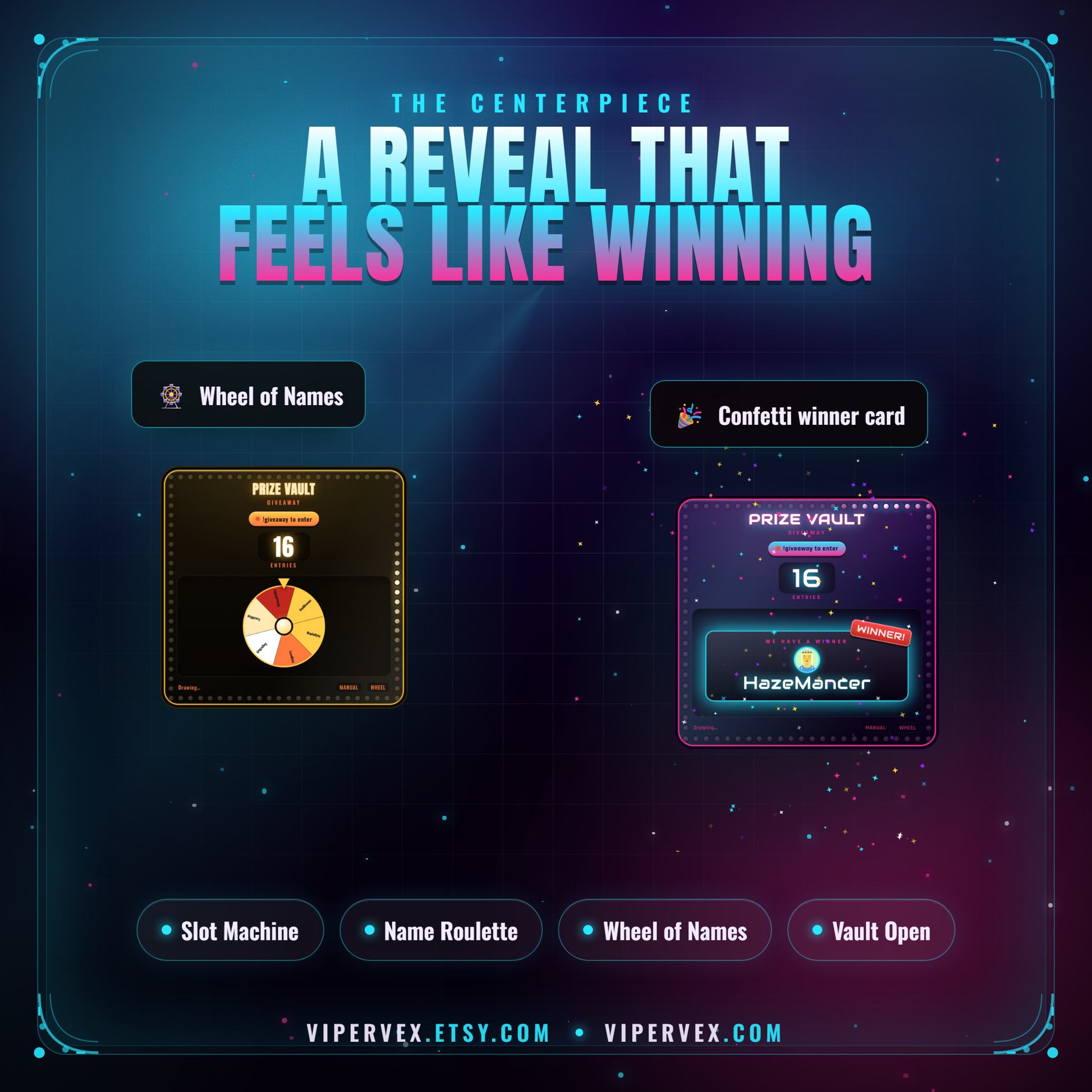 The four draw animations: slot machine, name roulette, wheel of names and vault open