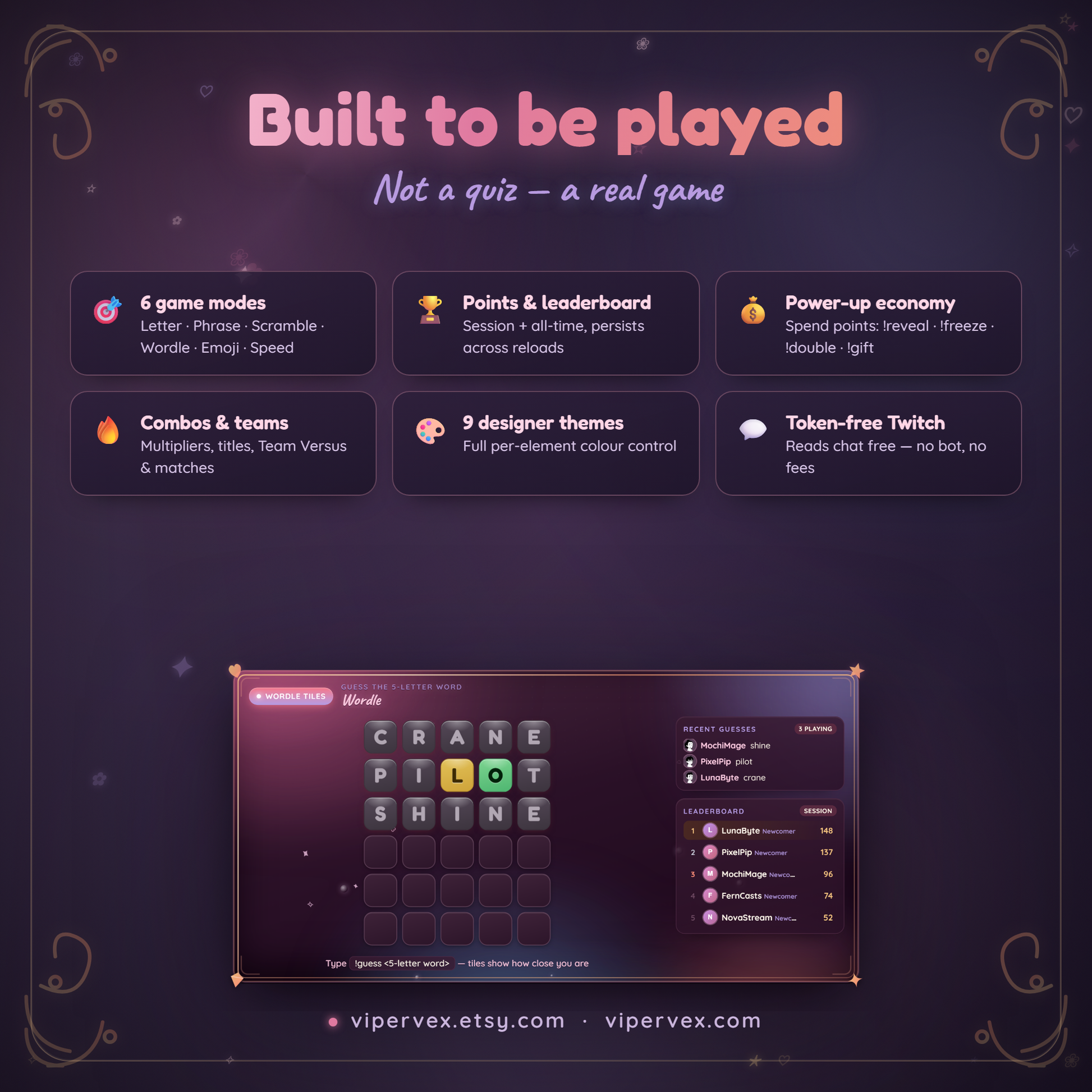 Main features: modes, lives, hints, scoring, combos and a leaderboard