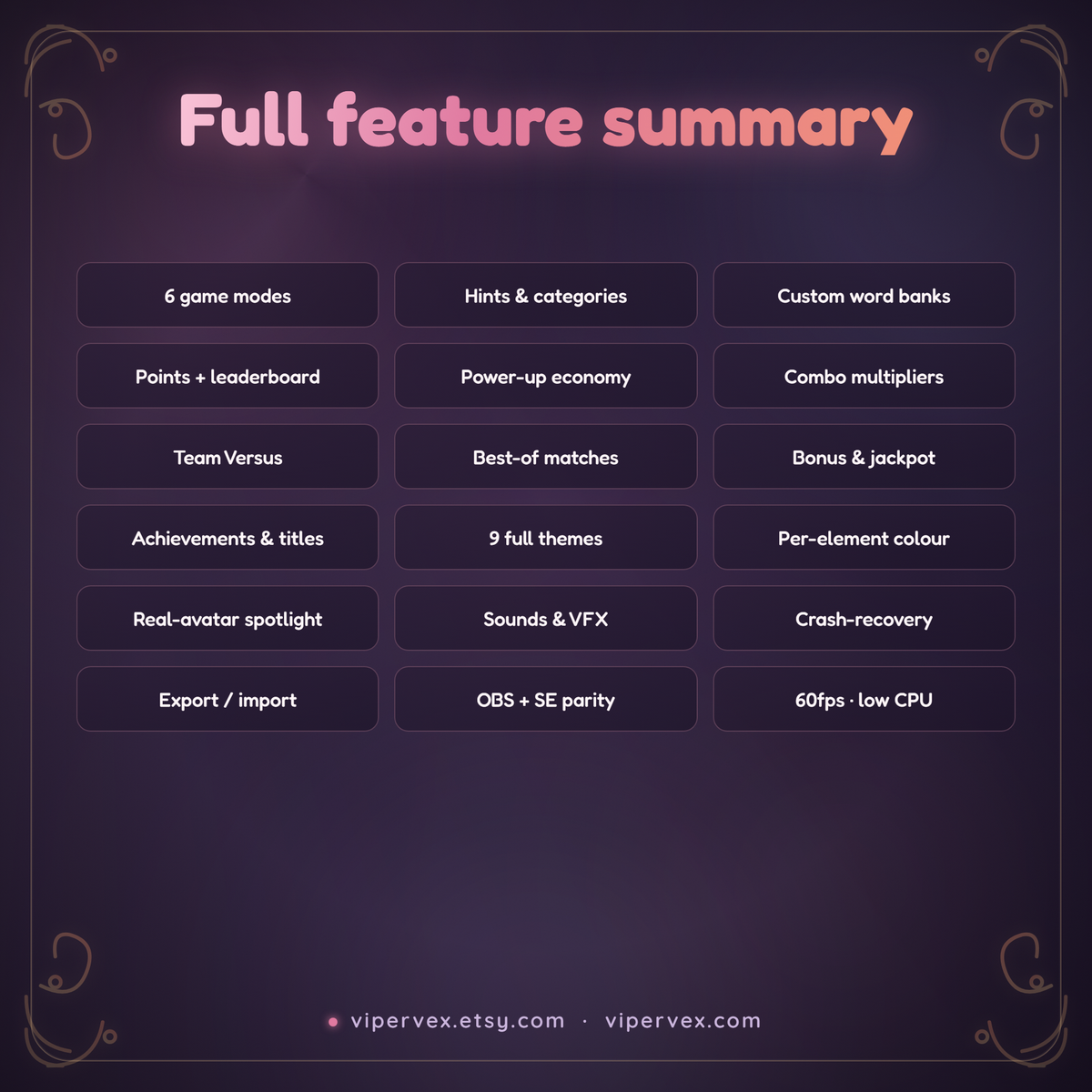 Full feature summary for the SPELLBOUND word game widget