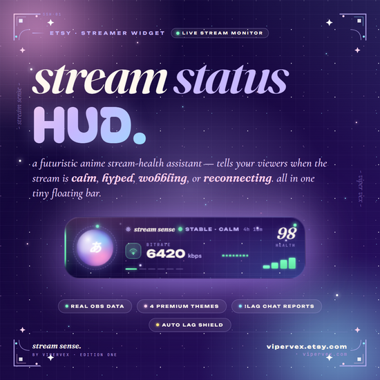 Stream health HUD panel showing bitrate, FPS and encoder load on a stream corner