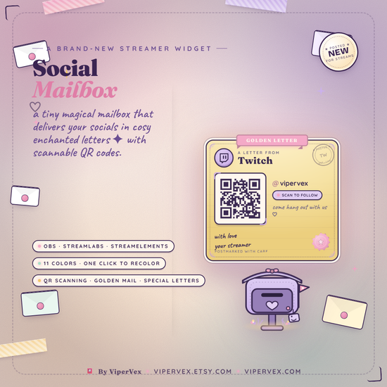 Social mailbox widget delivering a letter with a social handle and a scannable QR code