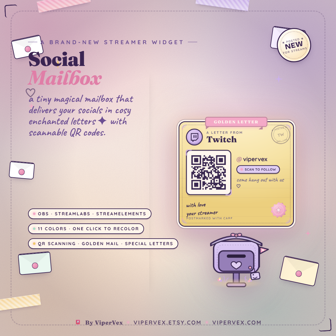 Social mailbox widget delivering a letter with a social handle and a scannable QR code