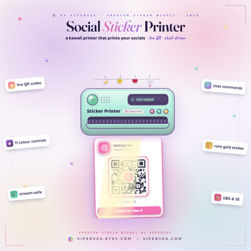 Kawaii sticker printer widget printing a social sticker with a scannable QR code