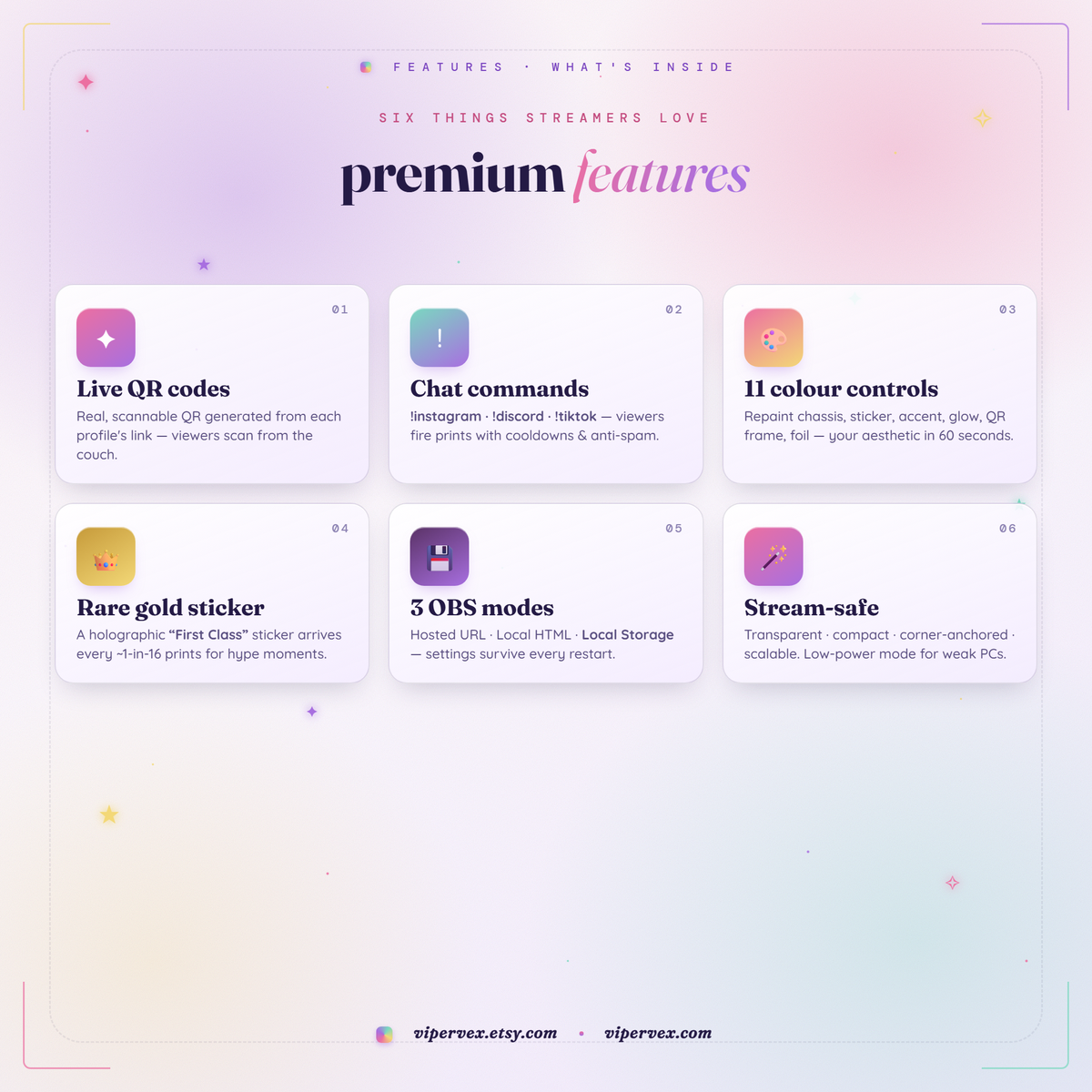 Features: seven platforms, live QR codes, ribbon messages and profile photos