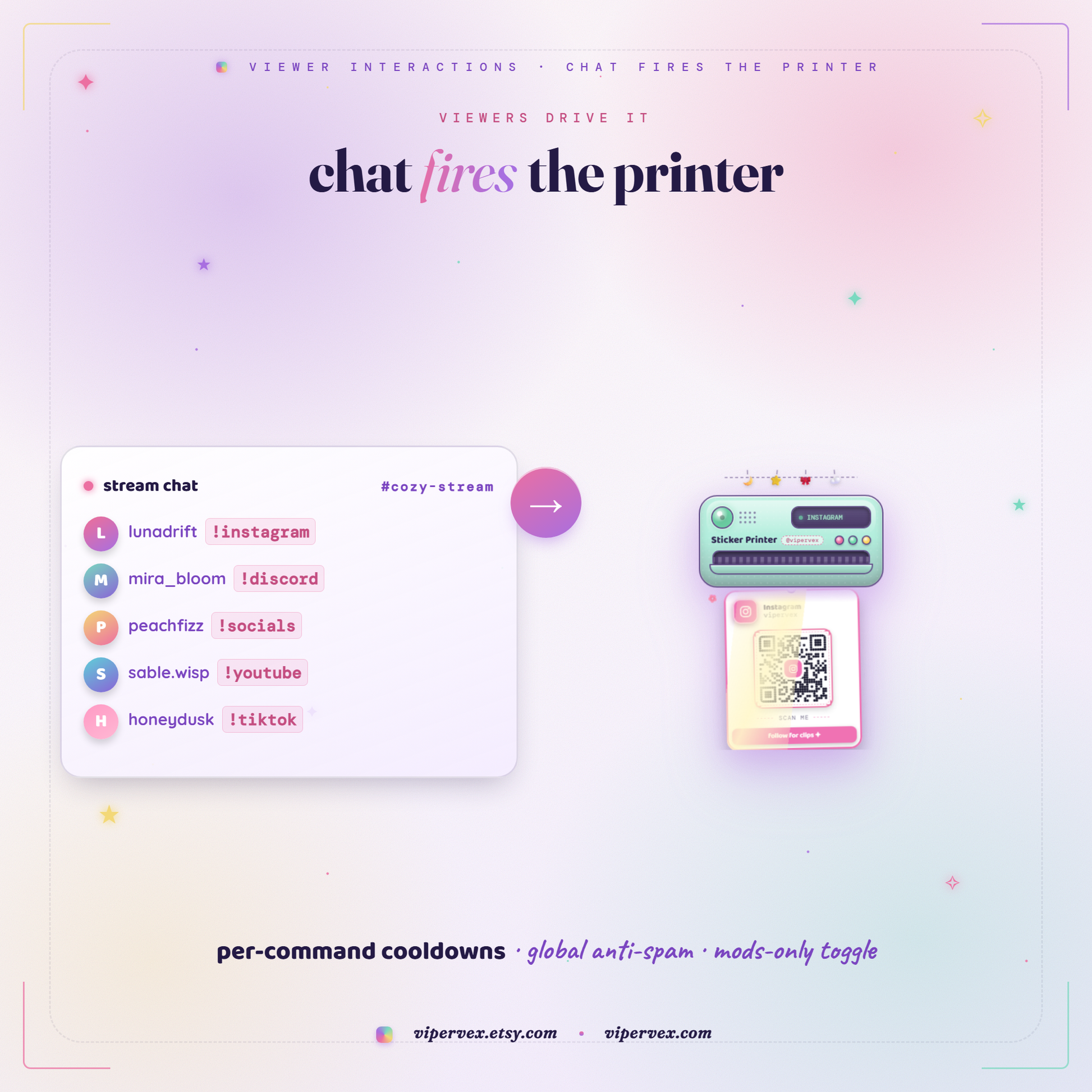 A viewer typing a command in chat and the printer producing their sticker