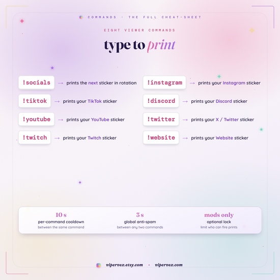 The chat commands including socials, instagram, tiktok, discord and youtube
