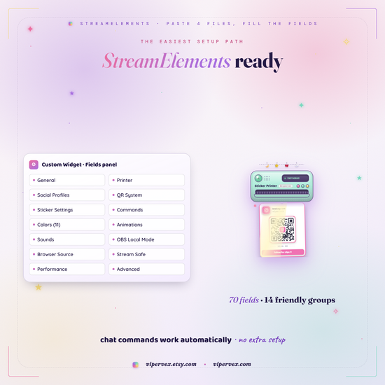 Setting the printer up in StreamElements with the four files and Fields panel