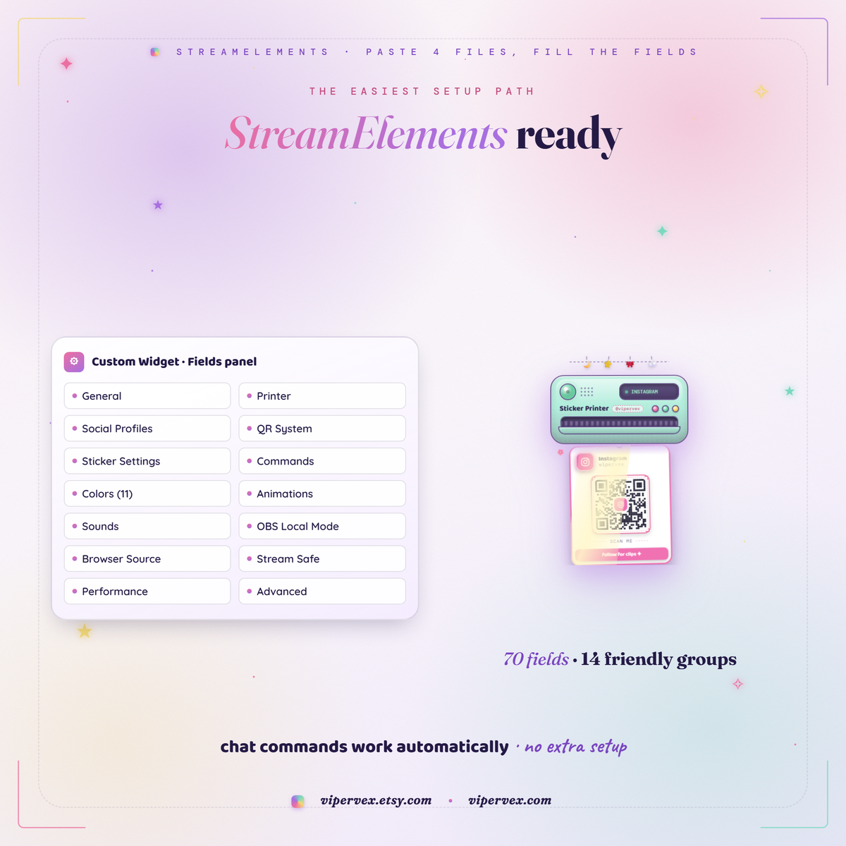 Setting the printer up in StreamElements with the four files and Fields panel
