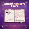 Anime passport widget open on a stream scene with collected stamps on the pages