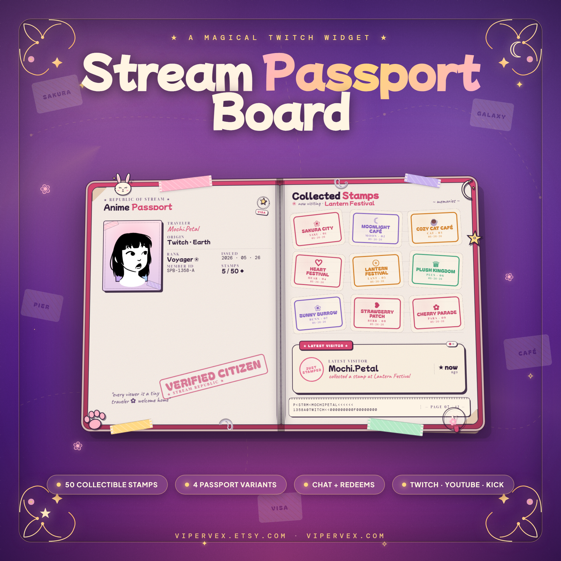 Anime passport widget open on a stream scene with collected stamps on the pages