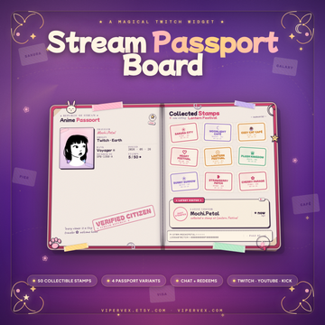 Anime passport widget open on a stream scene with collected stamps on the pages