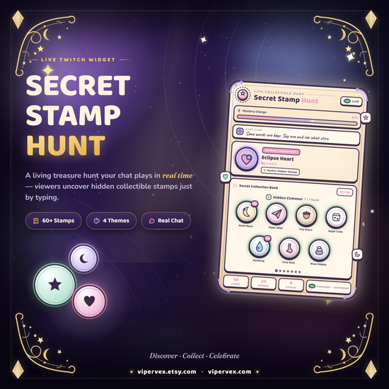 Stamp hunt widget showing a collection book of hidden collectible stamps