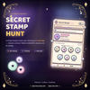 Stamp hunt widget showing a collection book of hidden collectible stamps