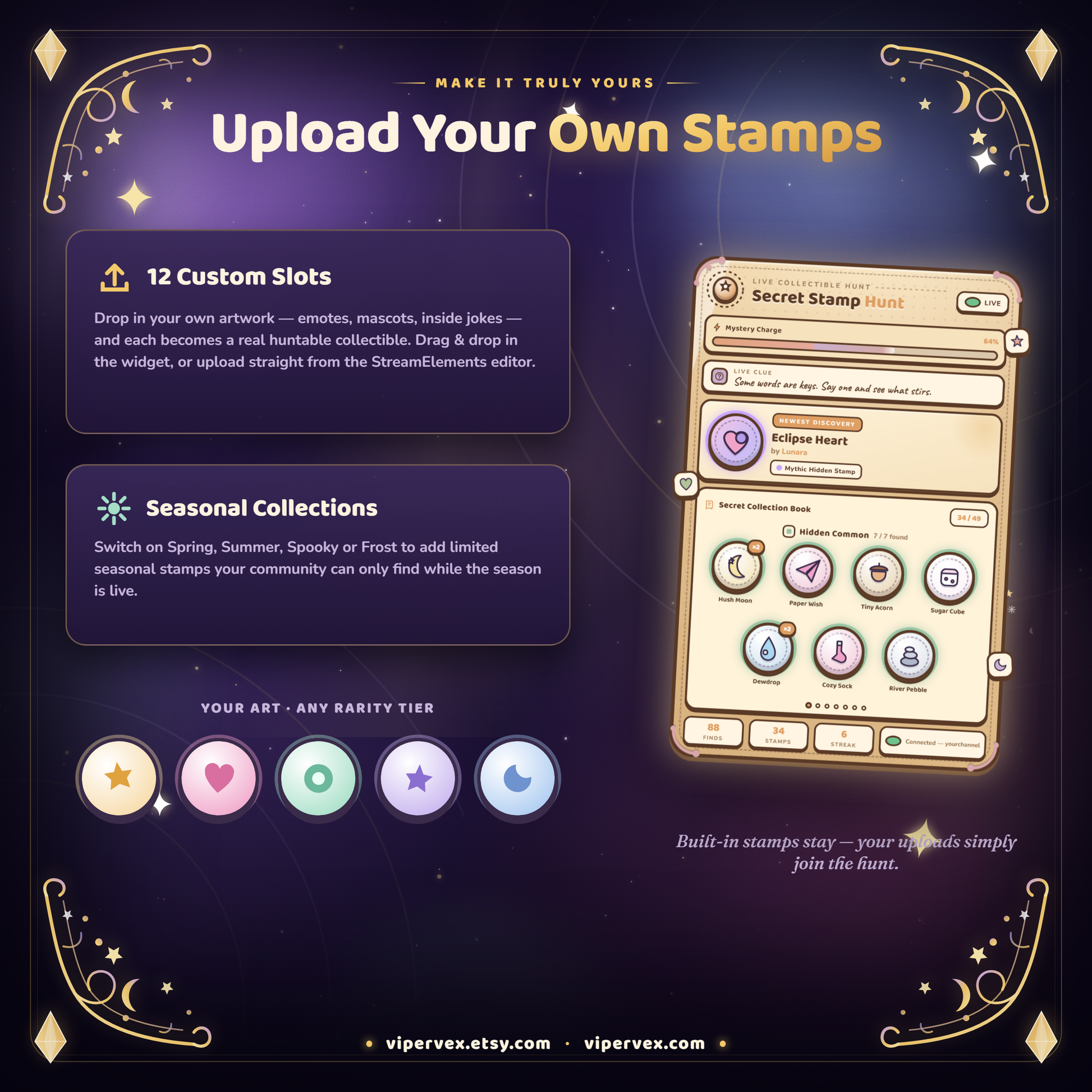 The 21 collectible stamps arranged across their seven rarity tiers