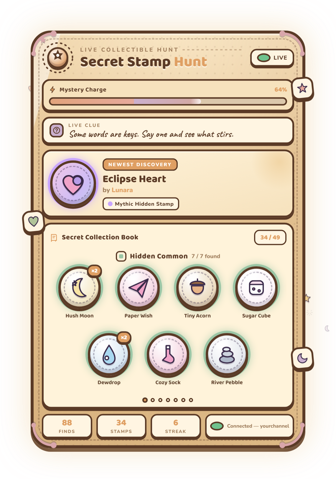 The Cafe Secret Hunt world with a warm cream collection book and live clue