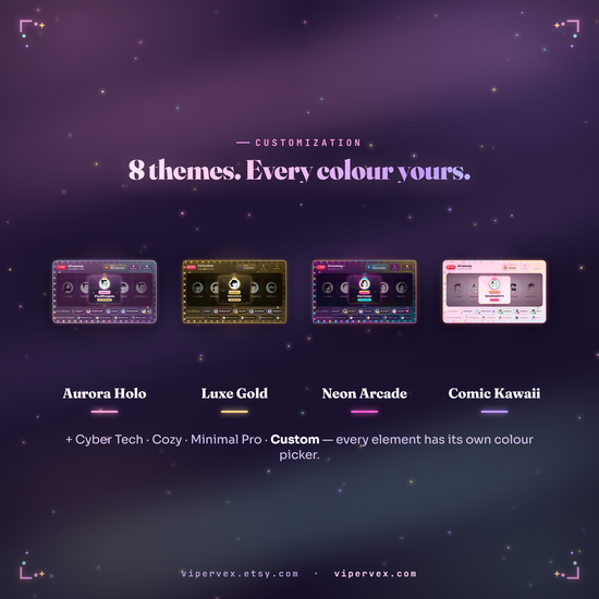 The eight themes from Aurora Holo and Luxe Gold through to Minimal Pro