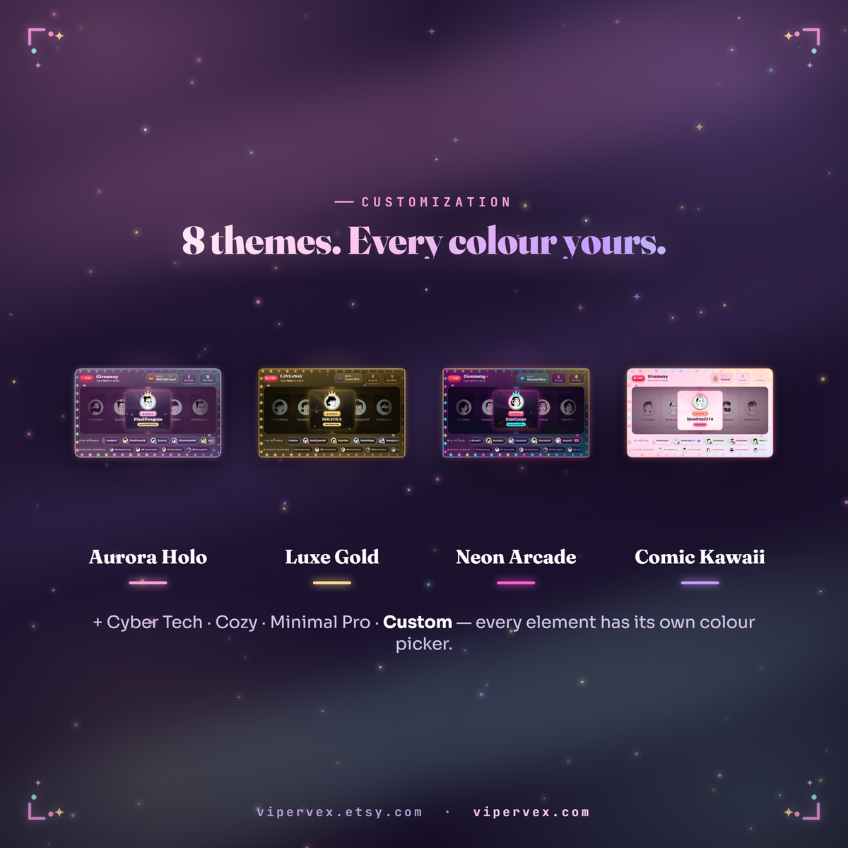 The eight themes from Aurora Holo and Luxe Gold through to Minimal Pro