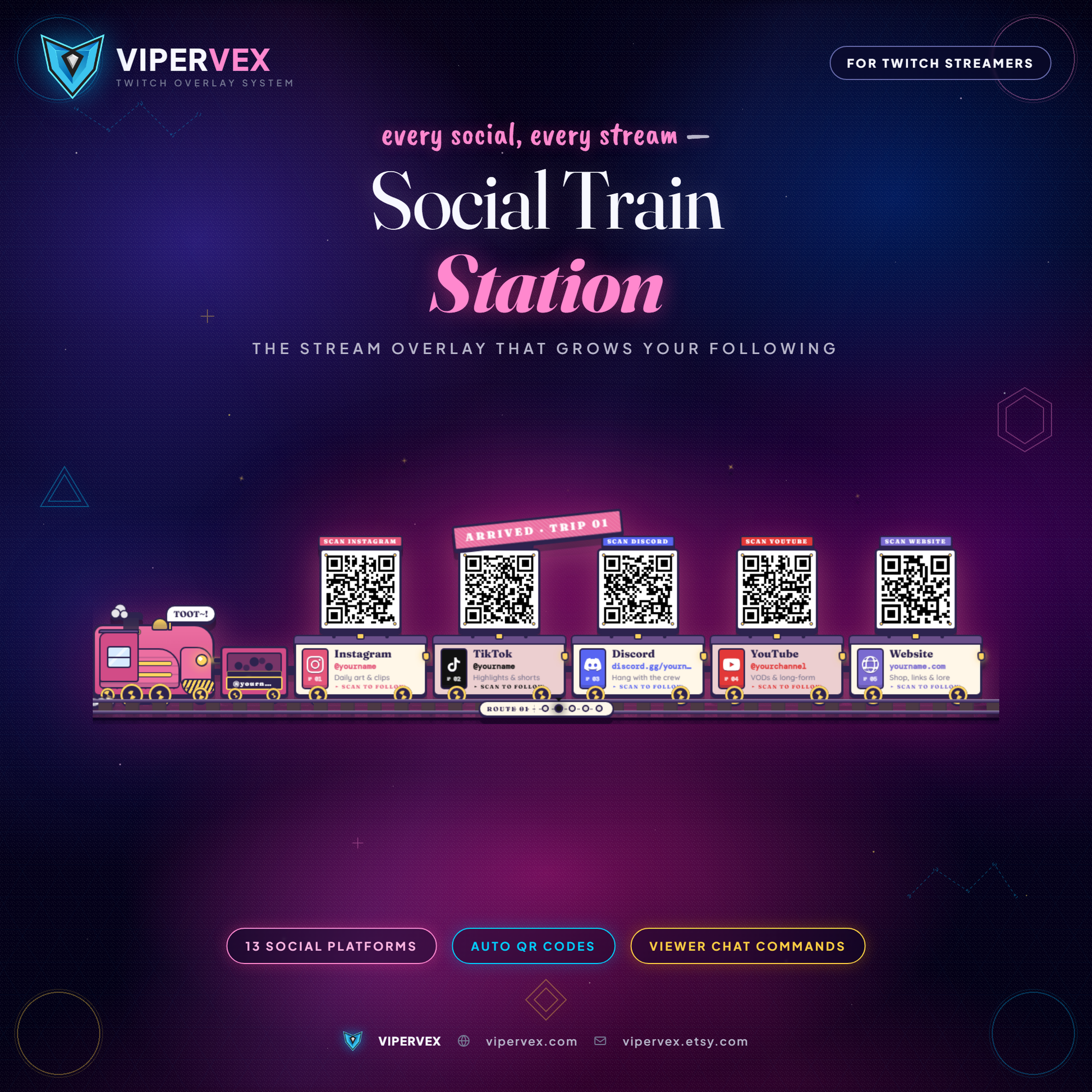 Social train widget with a steam train whose wagons carry the streamer's socials