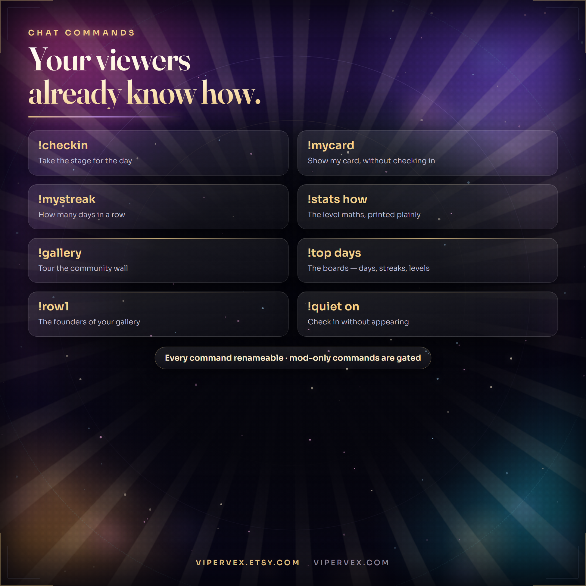 The chat commands viewers and mods use with the check in stage