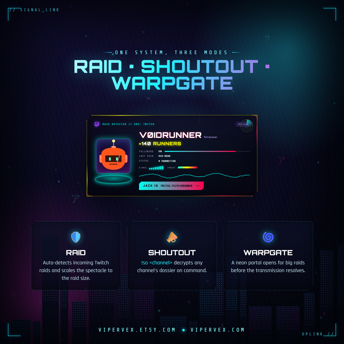 The three modes: raid, shoutout and the full screen warpgate takeover