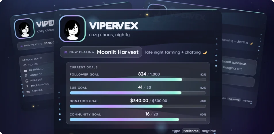 Twitch profile panel widget showing live follower, sub and donation goal bars