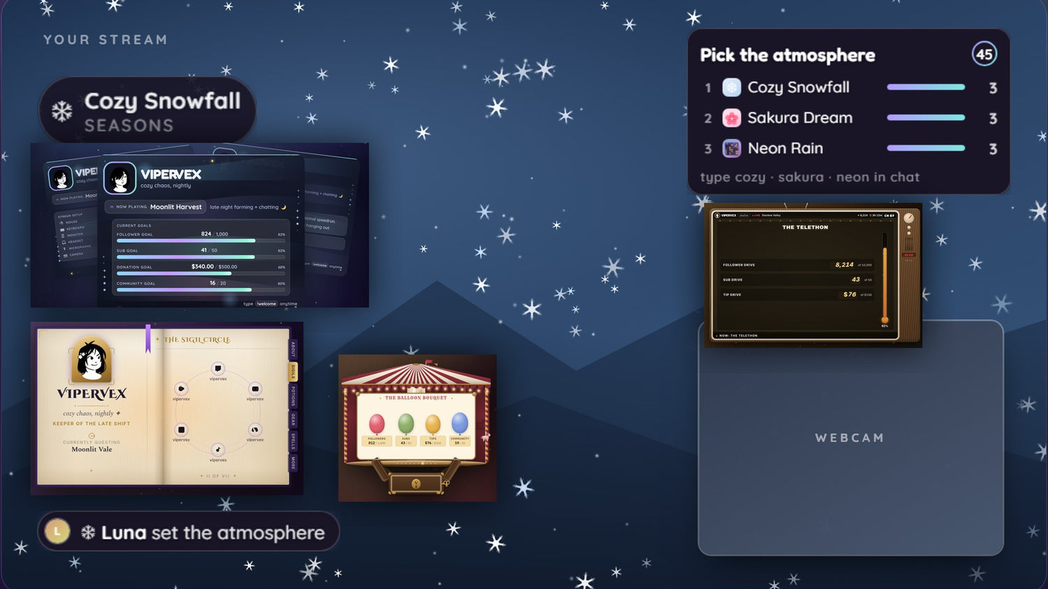 A Twitch stream scene running five ViperVex widgets at once: a profile panel with live goal bars, a retro TV info panel, a spellbook intro book, a music box goal carousel and an animated snow weather layer