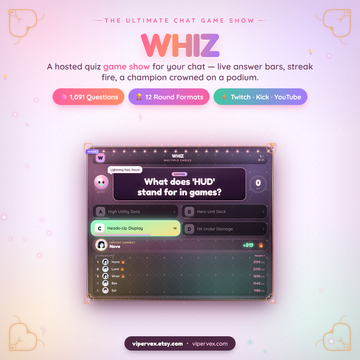 WHIZ chat quiz widget for Twitch: a question on a lit game-show stage with live answer bars and a scoreboard