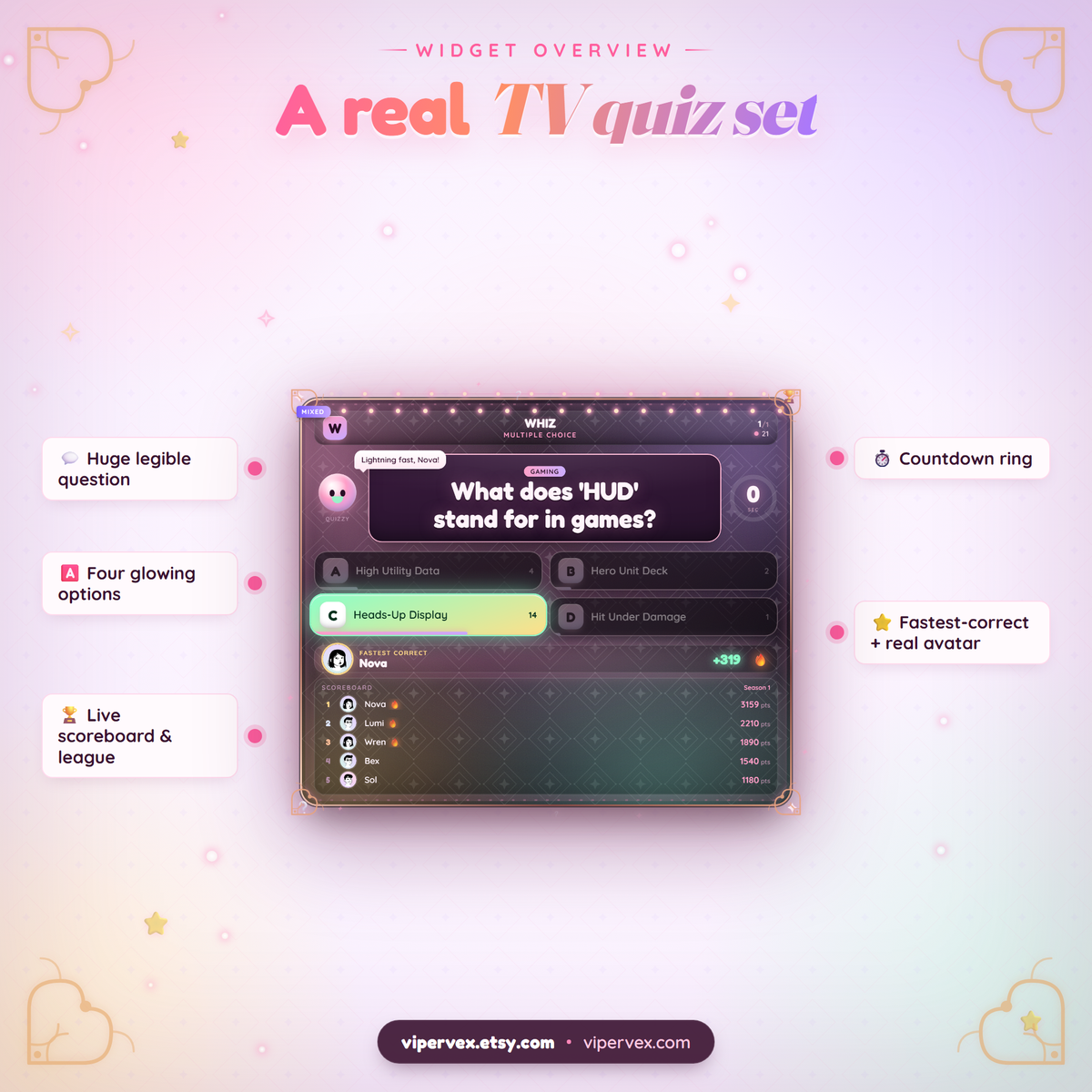 Widget overview: big readable question, four glowing answer options, countdown ring and live scoreboard
