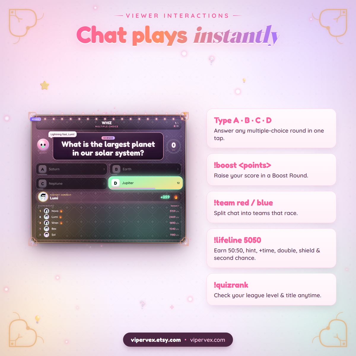 Viewer interactions: answer by typing A B C D, stake points with boost, join a team, use a lifeline