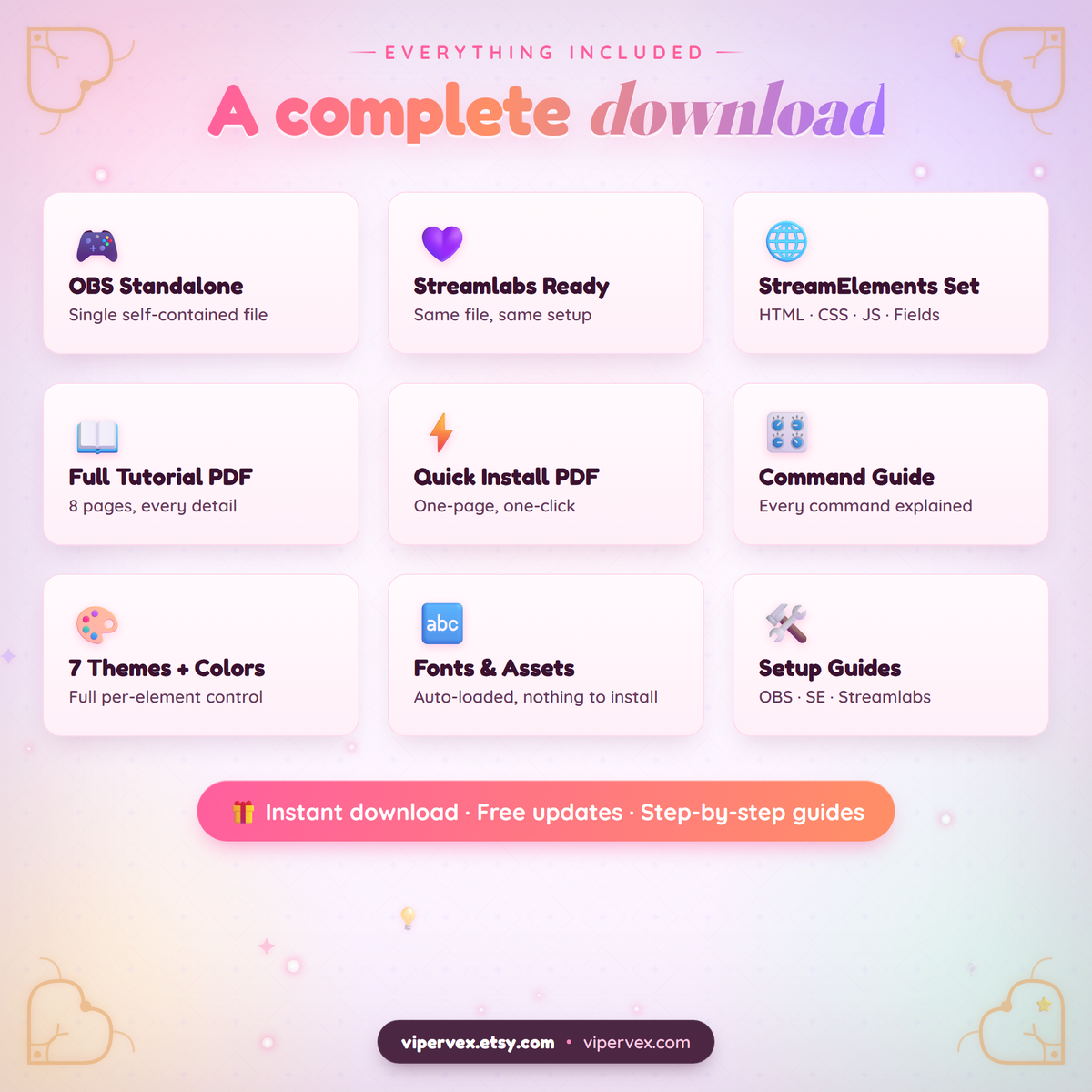 Everything included: OBS single file, Streamlabs version, StreamElements set, tutorial PDF, quick install PDF, command guide