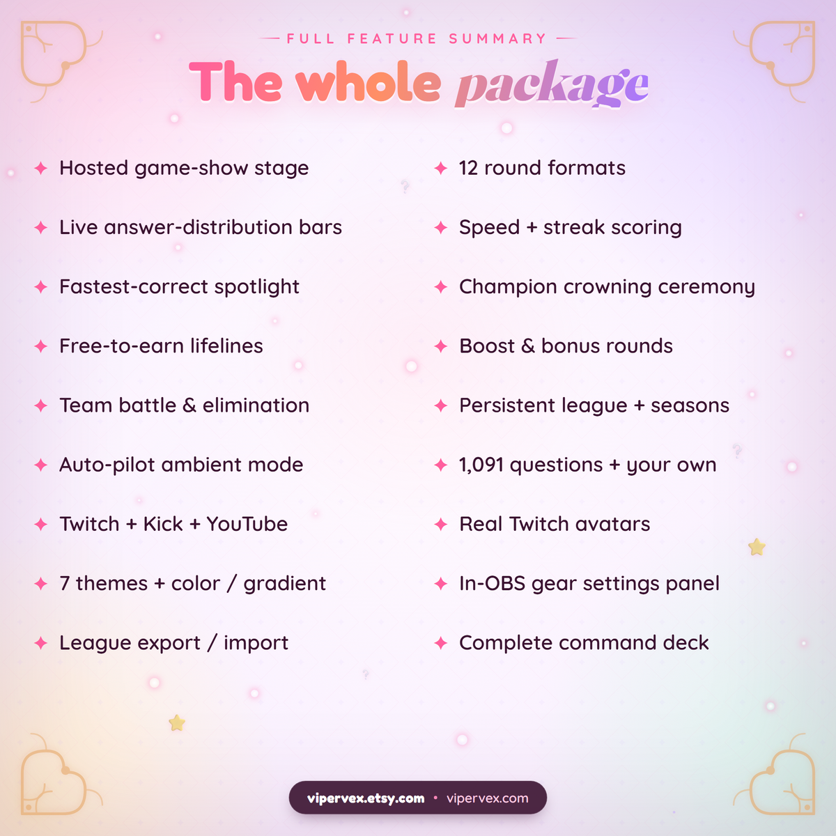 Full feature summary of the WHIZ chat quiz widget in two columns