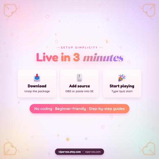 Live in about three minutes: download, add the source, type quiz start in chat