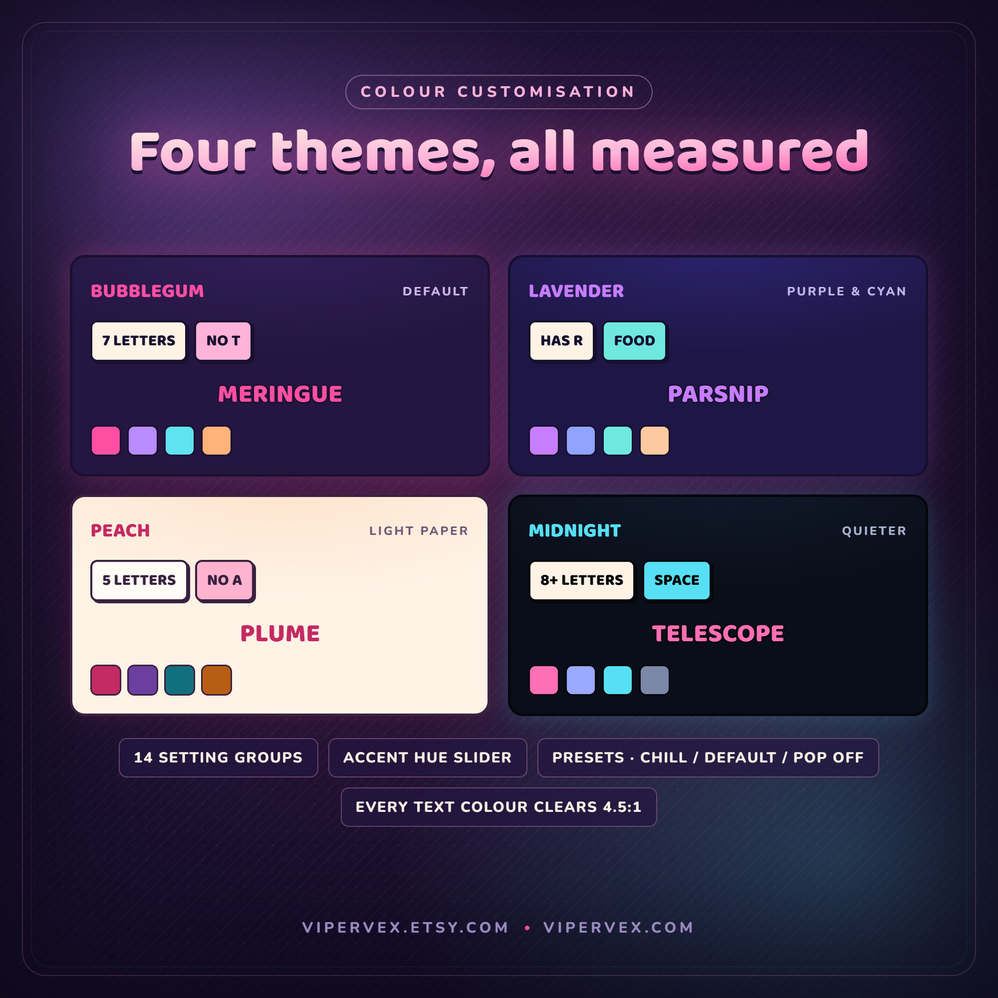 The four colour themes for the word game overlay